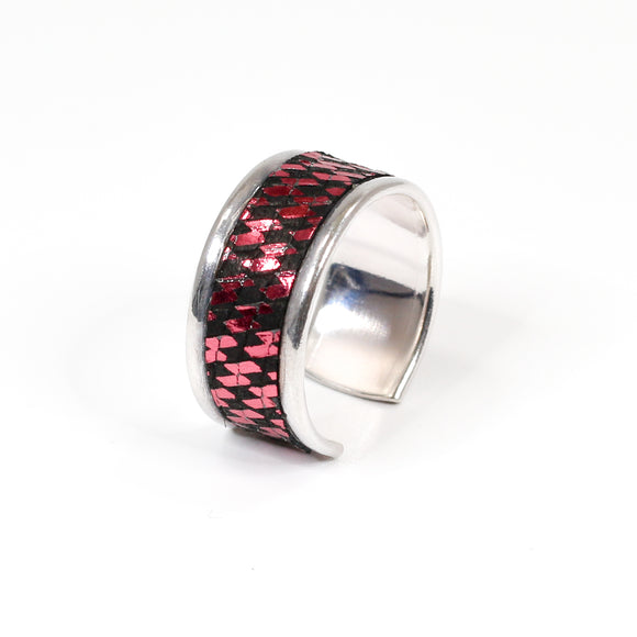 Bague en Cuir Quadrillé Framboise et Noir